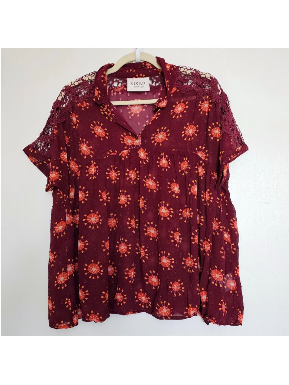Cecilie Copenhagen Short Sleeves Blouse Top, S, Burgundy
